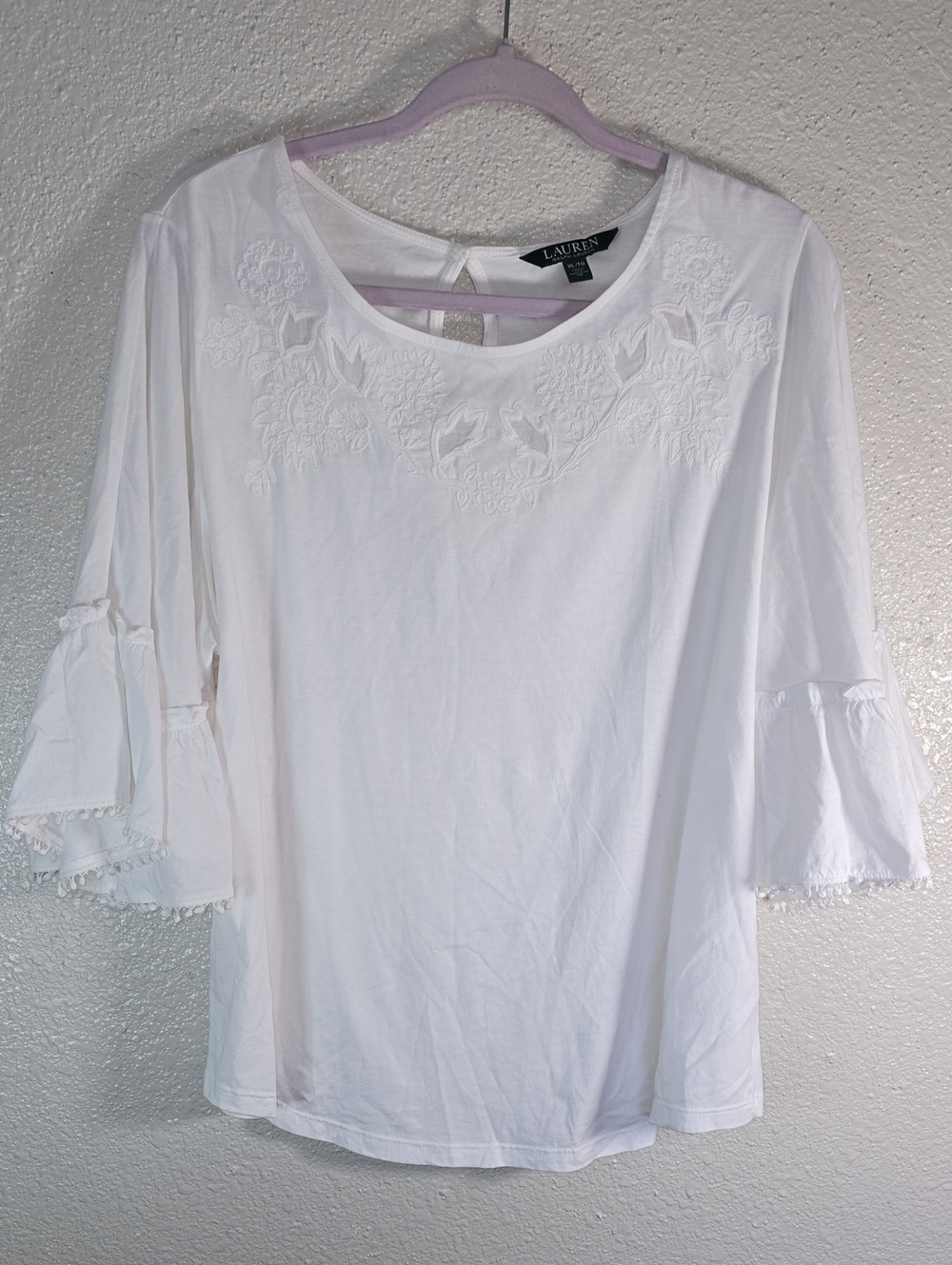 Lauren Ralph Lauren White Embroidered Bell Sleeve Blouse